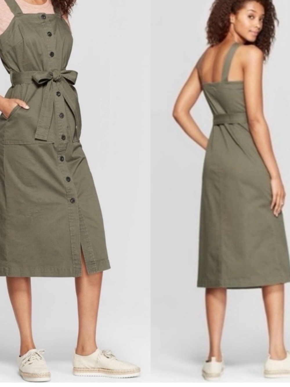 Universal Thread Olive Button-Down Midi Dress with Tie Straps